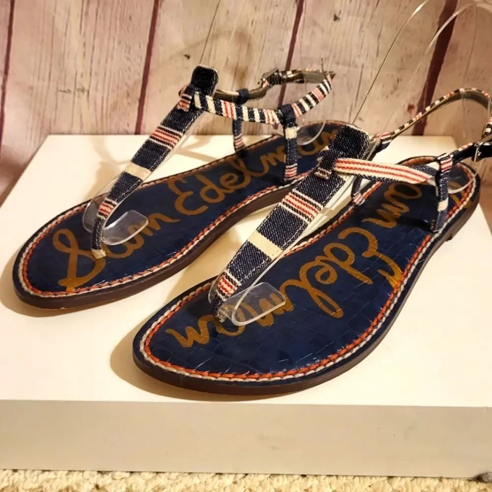 Sam Edelman "Gigi" Blue/Red Nautical Striped Canvas Thong Sandals 7.5m Ret $85